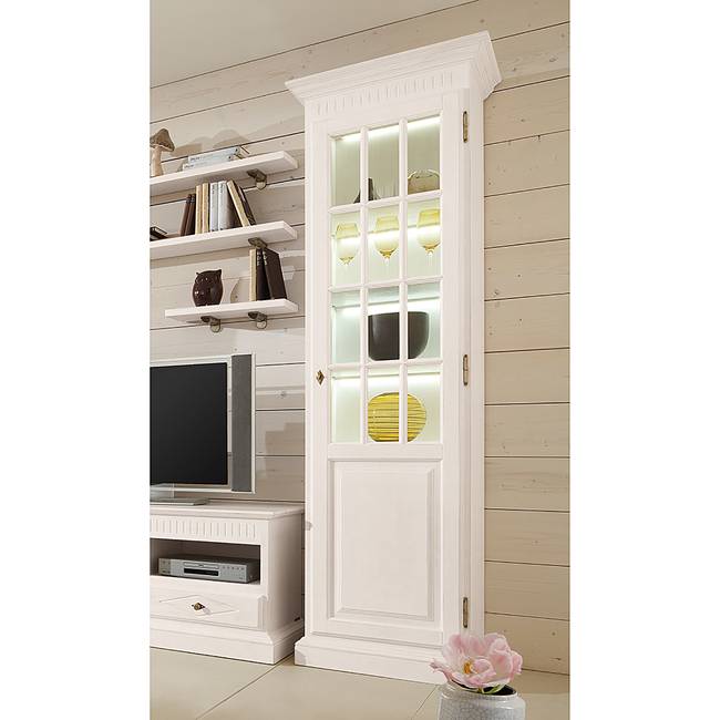 Vitrinenschrank II 65 x 217 x 46cm Beige Pinie massiv - Creme - mit Beleuchtung