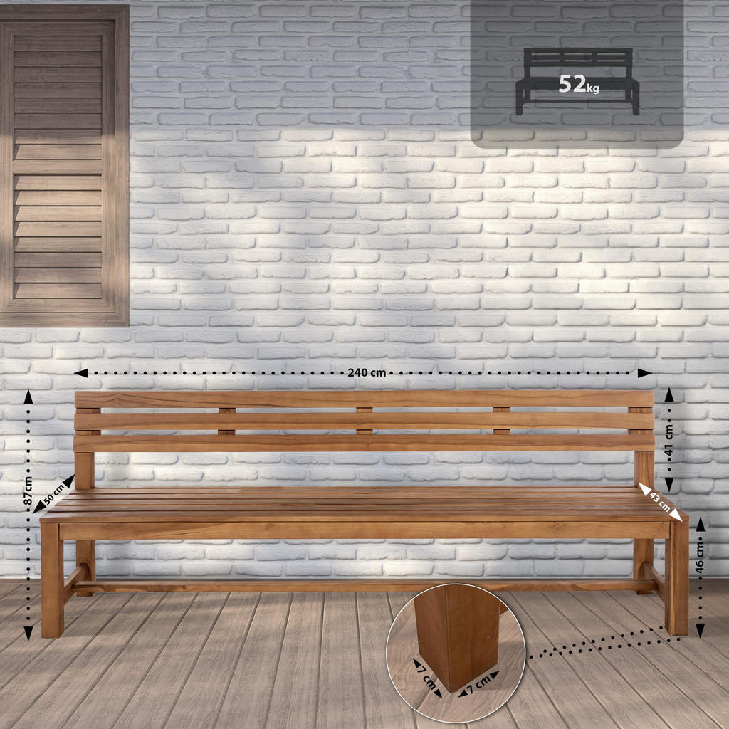 CLP Gartenbank, Teak, Holz, 240x85x50 cm, Gartenmöbel,