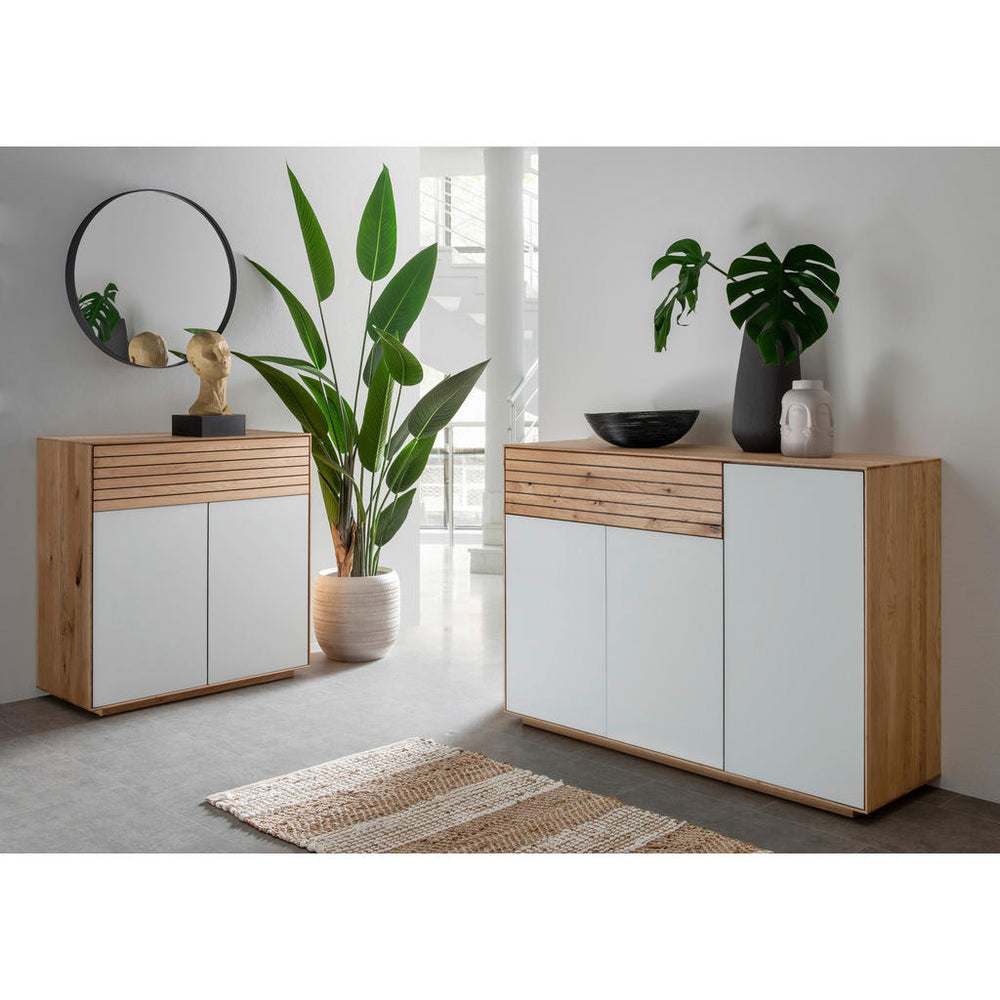 Linea Natura Kommode Riva, Weiß, Wildeiche, Holz, Glas,