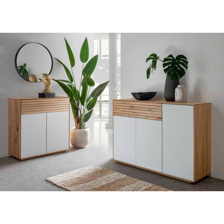 Linea Natura Kommode Riva, Weiß, Wildeiche, Holz, Glas,